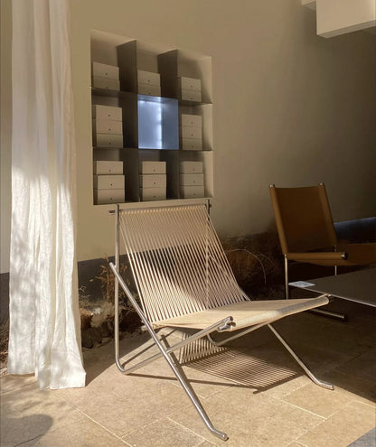 PK4 Lounge Chair Replica – Minimalist Woven Cord & Stainless Steel Design