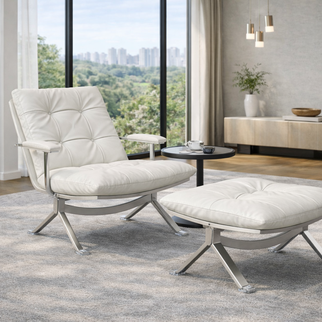 Sillón Omelette, réplica de sillón - Sillón Bauhaus de cuero italiano con respaldo ergonómico de 105° y patas de acero inoxidable