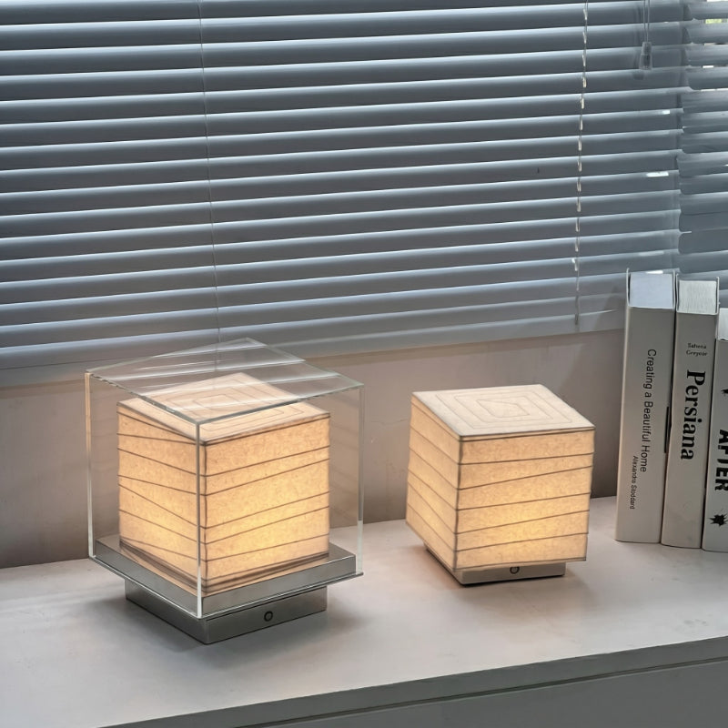 Wabi-Sabi Paper Cube Table Lamp – Handmade Rice Paper Ambient Light