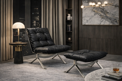 Sillón Omelette, réplica de sillón - Sillón Bauhaus de cuero italiano con respaldo ergonómico de 105° y patas de acero inoxidable