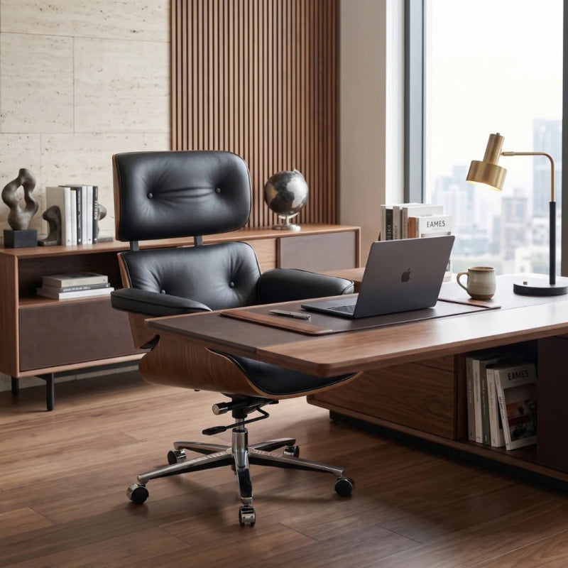 Executive Lounge Office Chair – Mid-Century Comfort in Walnut & Leather