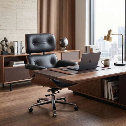 Executive Lounge Office Chair – Mid-Century Comfort in Walnut & Leather