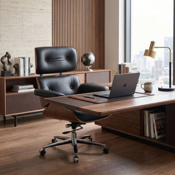 Chaise de bureau Executive Lounge – Confort du milieu du siècle en noyer et cuir