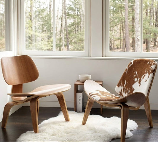 Nordic Shell Lounge Chair & Eames Dog Stool – Sculptural Mid-Century Modern Icons