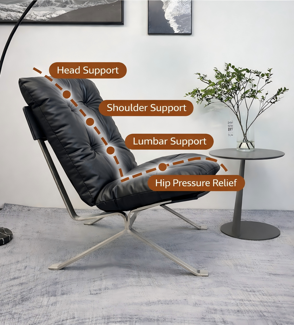 Sillón Omelette, réplica de sillón - Sillón Bauhaus de cuero italiano con respaldo ergonómico de 105° y patas de acero inoxidable