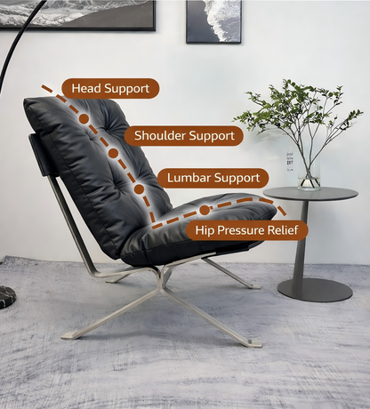 Sillón Omelette, réplica de sillón - Sillón Bauhaus de cuero italiano con respaldo ergonómico de 105° y patas de acero inoxidable