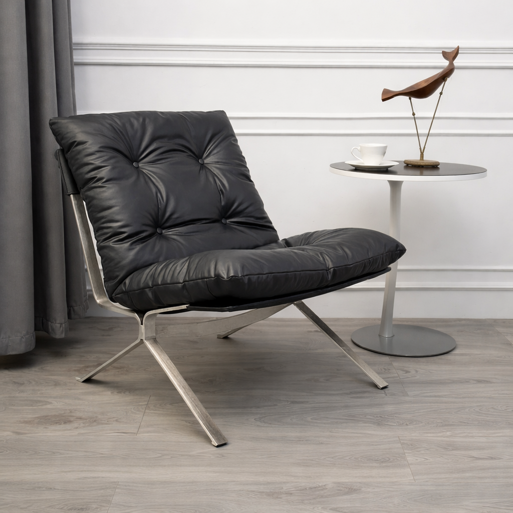 Sillón Omelette, réplica de sillón - Sillón Bauhaus de cuero italiano con respaldo ergonómico de 105° y patas de acero inoxidable