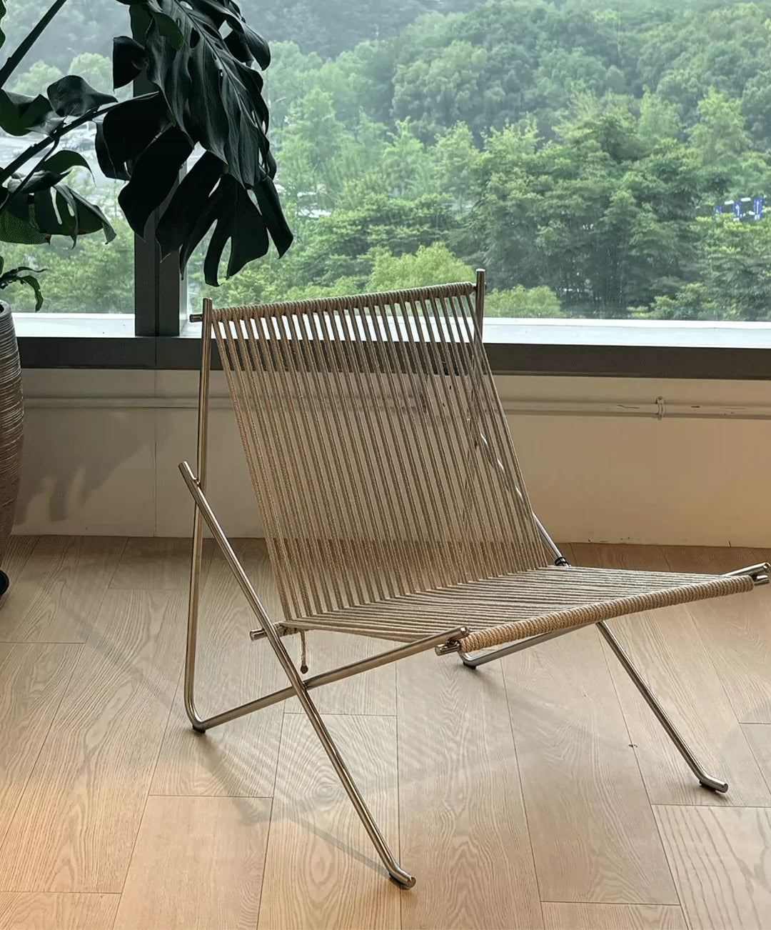 PK4 Lounge Chair Replica – Minimalist Woven Cord & Stainless Steel Design
