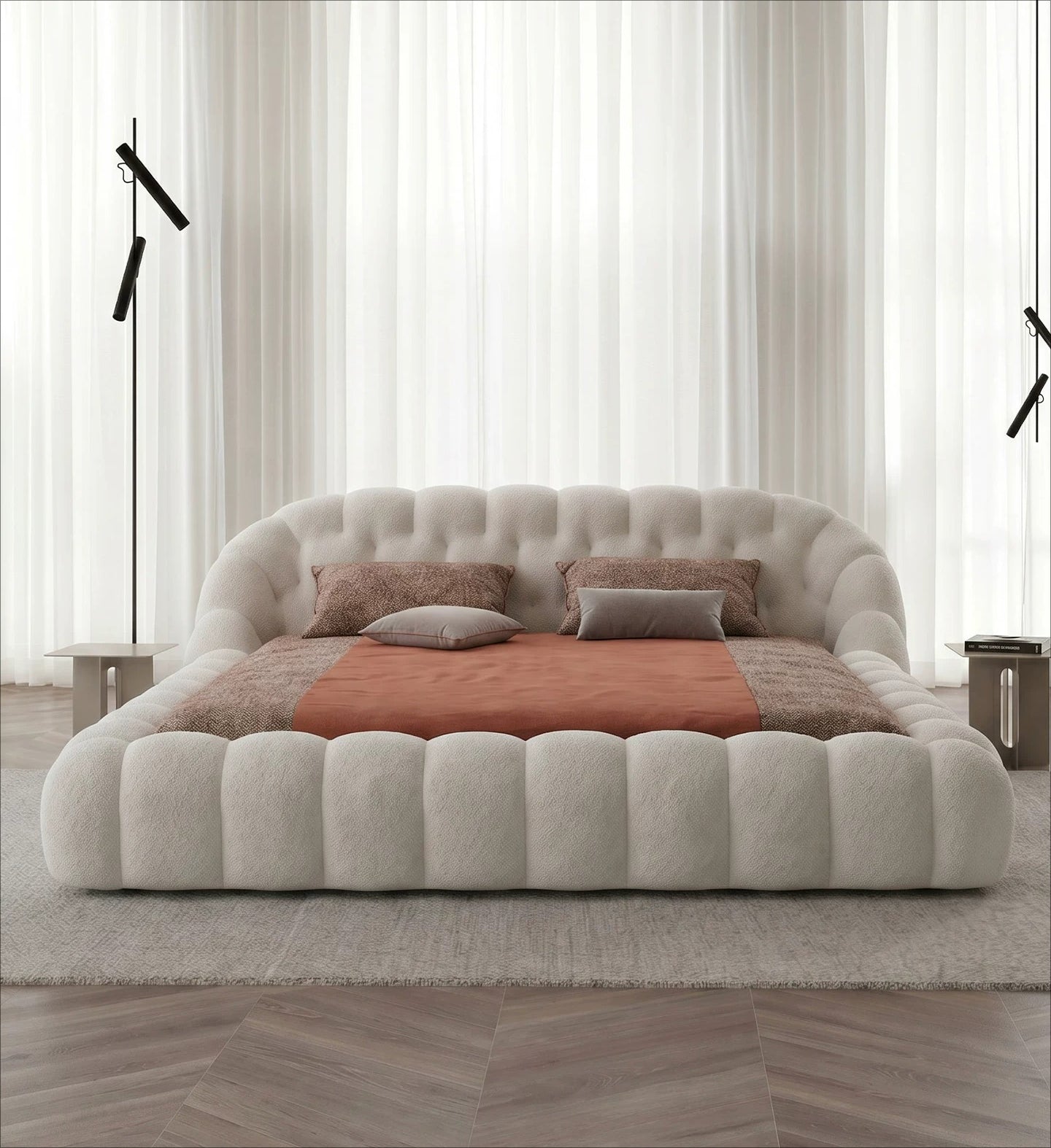 Roche Bobois-Style Football Bed — Premium Teddy Fabric for Wabi-Sabi Master Bedrooms
