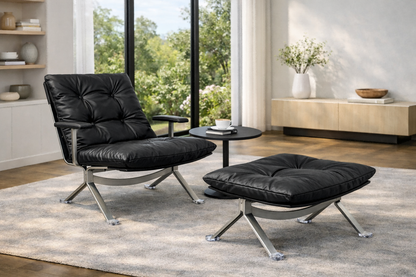 Sillón Omelette, réplica de sillón - Sillón Bauhaus de cuero italiano con respaldo ergonómico de 105° y patas de acero inoxidable