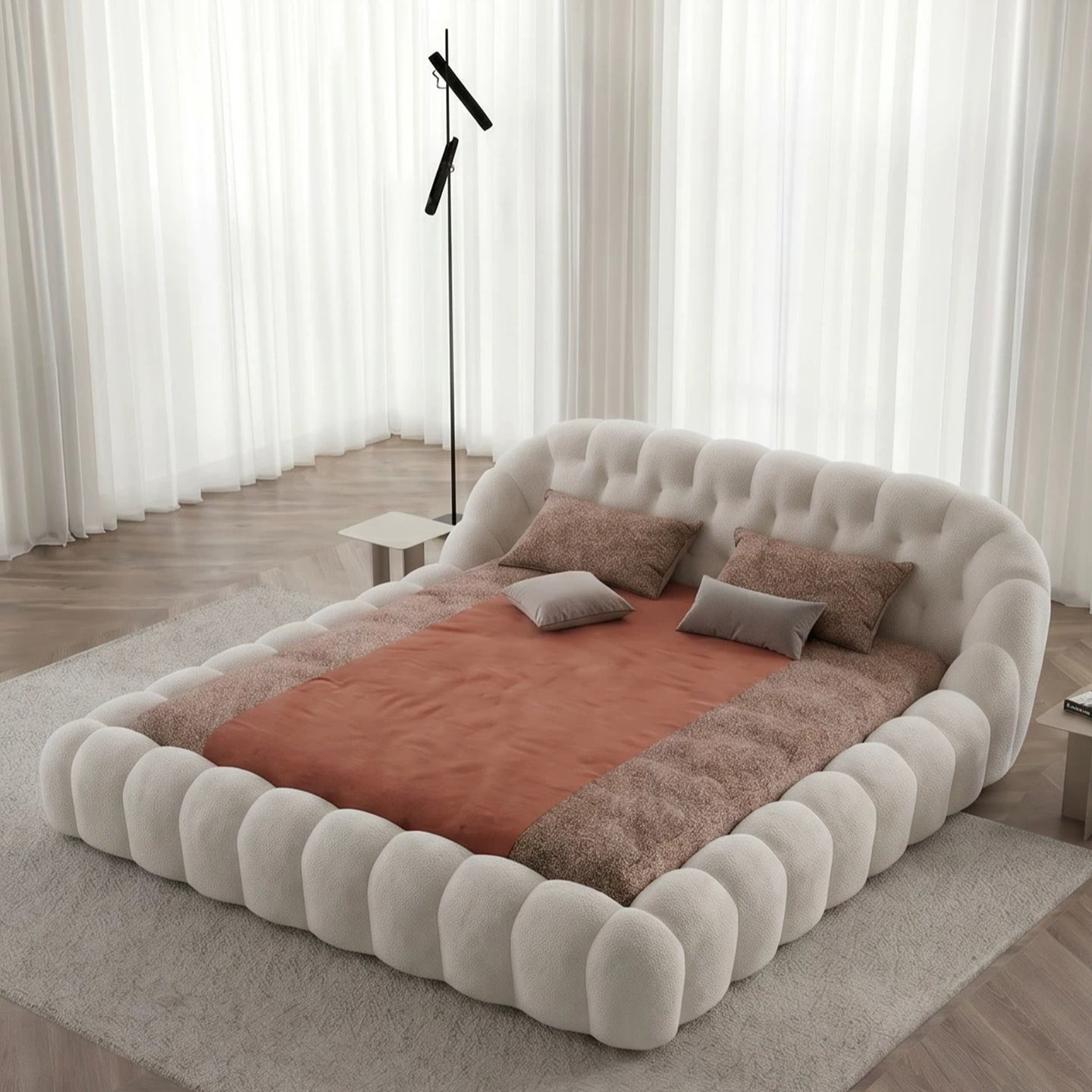 Roche Bobois-Style Football Bed — Premium Teddy Fabric for Wabi-Sabi Master Bedrooms
