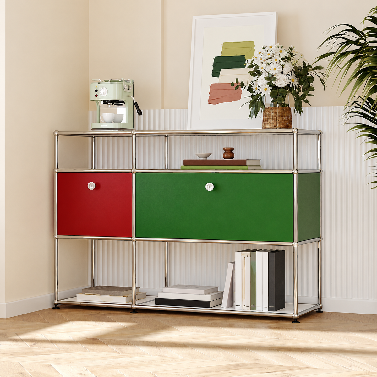 Sideboard im USM-Stil mit Colour-Blocking – Aufbewahrung im Bauhaus-Design