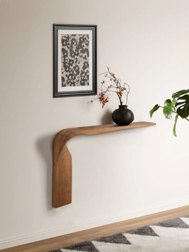 Modern Minimalist Sculptural Console Table - Solid Wood Wall-Mounted Entryway Shelf