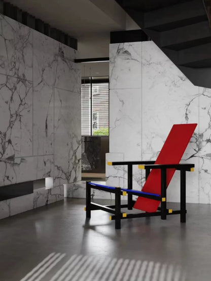 Red and Blue Chair & Memphis Chess Side Table – Minimalist Master Design for Artistic Leisure