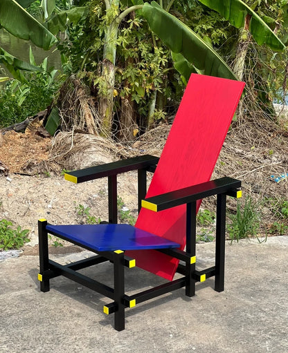 Red and Blue Chair & Memphis Chess Side Table – Minimalist Master Design for Artistic Leisure