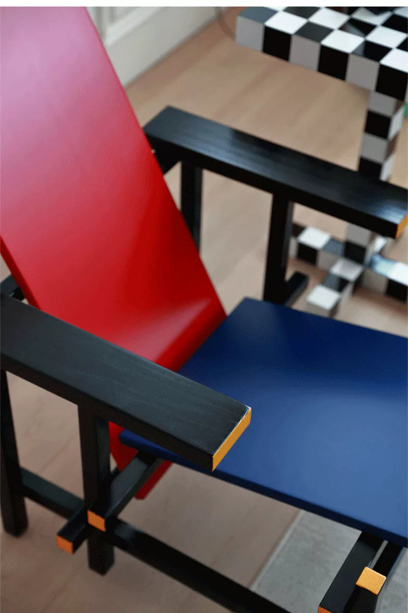 Red and Blue Chair & Memphis Chess Side Table – Minimalist Master Design for Artistic Leisure