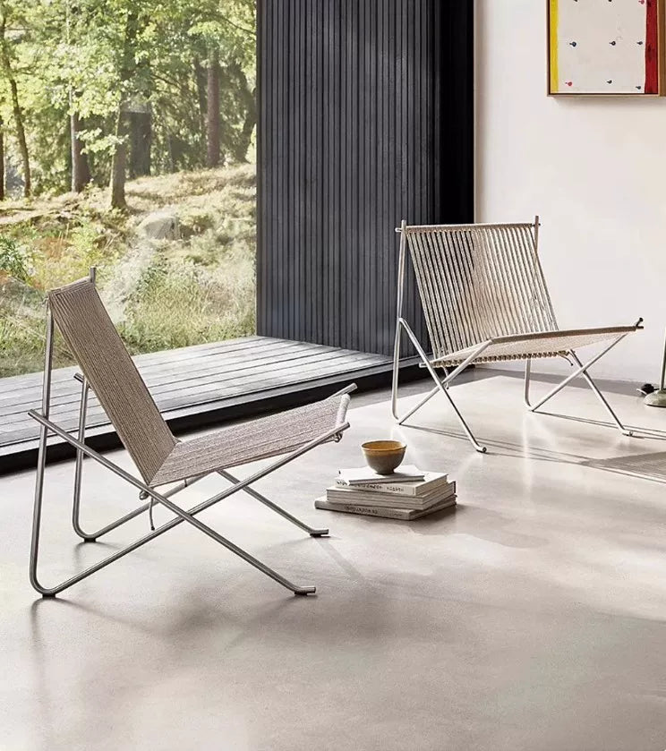 PK4 Lounge Chair Replica – Minimalist Woven Cord & Stainless Steel Design