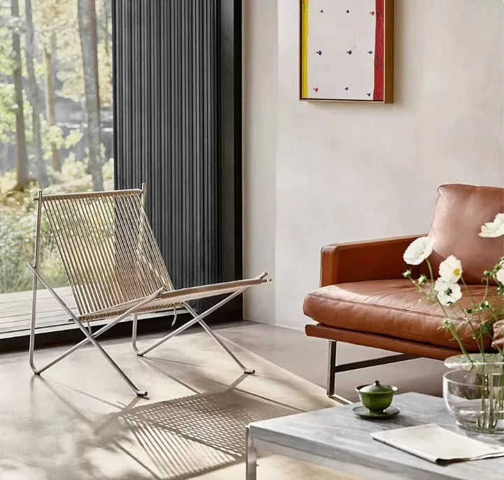 PK4 Lounge Chair Replica – Minimalist Woven Cord & Stainless Steel Design
