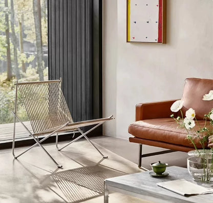 PK4 Lounge Chair Replica – Minimalist Woven Cord & Stainless Steel Design