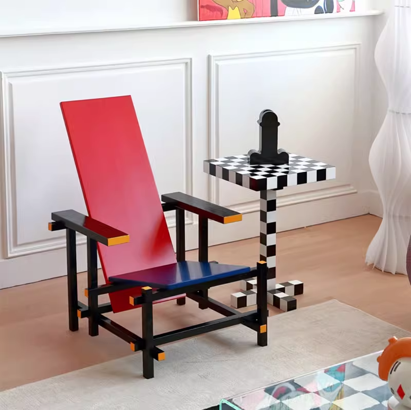 Red and Blue Chair & Memphis Chess Side Table – Minimalist Master Design for Artistic Leisure