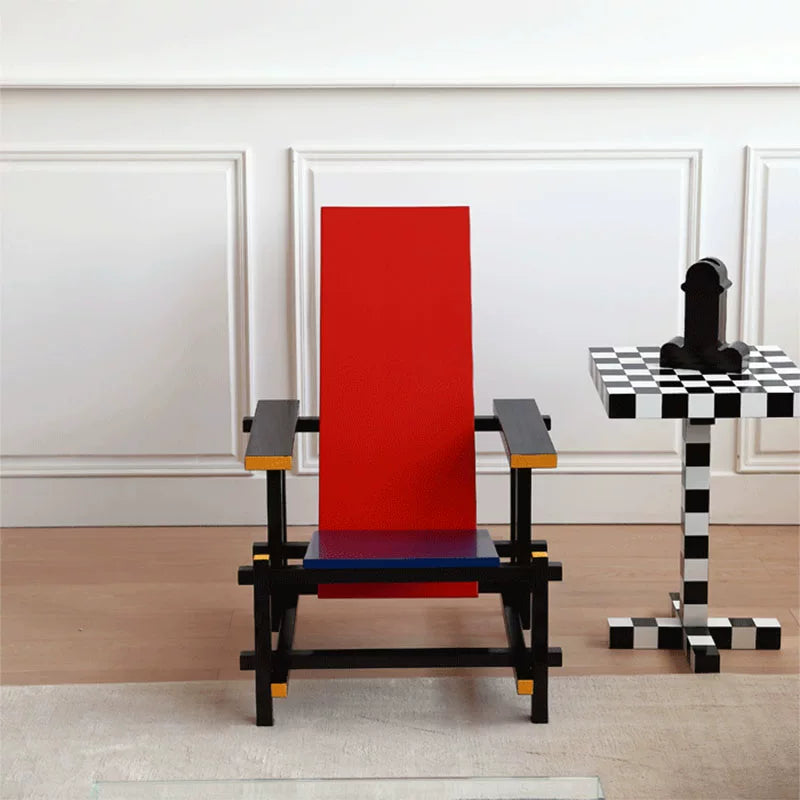 Red and Blue Chair & Memphis Chess Side Table – Minimalist Master Design for Artistic Leisure