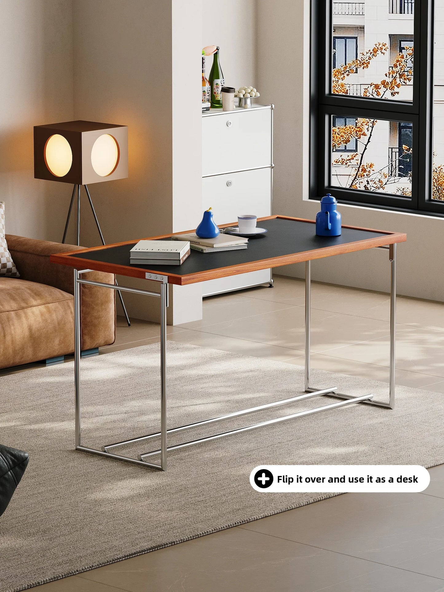 Mesa de centro estilo Bauhaus con estructura de acero inoxidable: moderna mesa auxiliar que ahorra espacio 