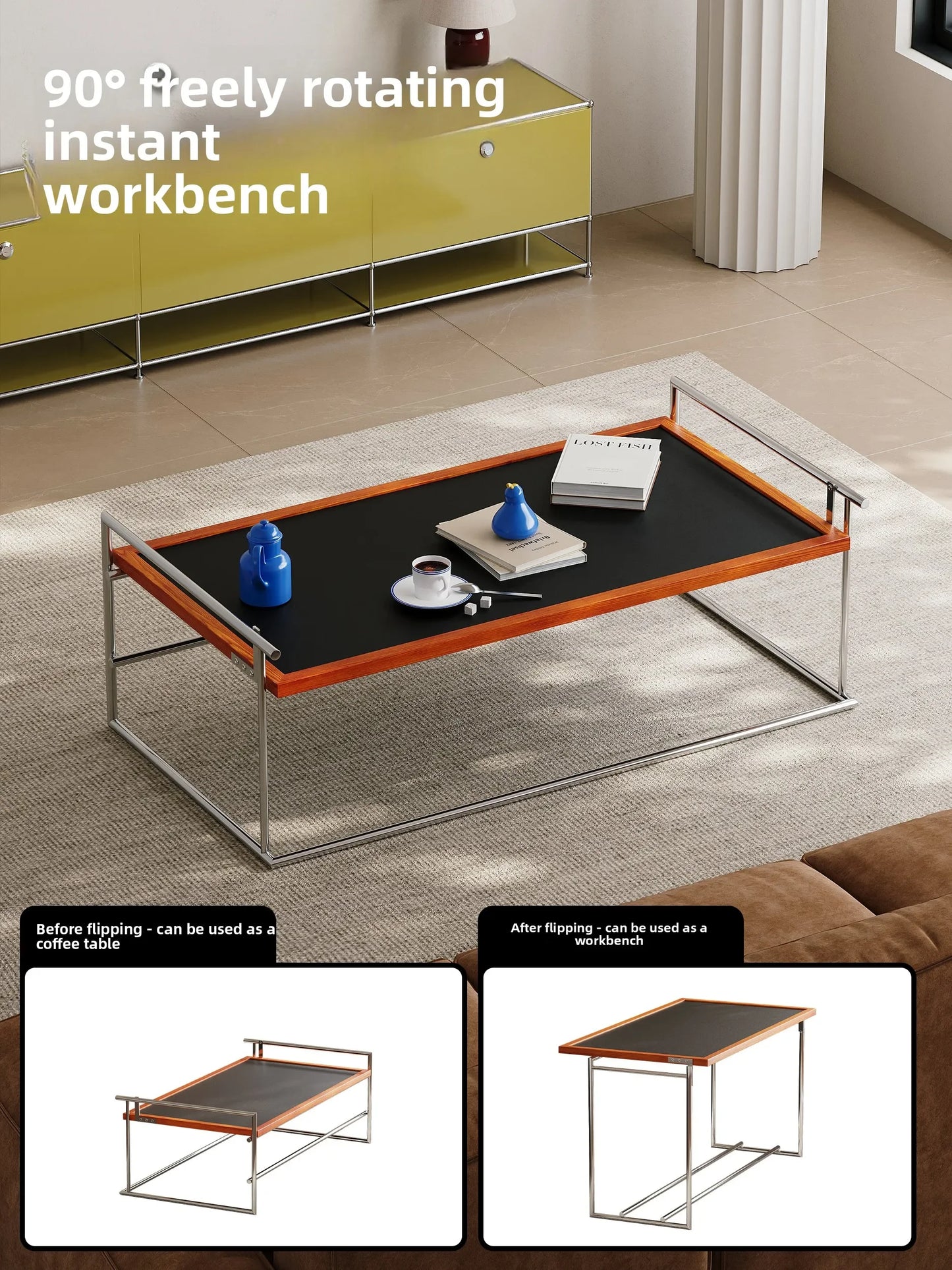 Mesa de centro estilo Bauhaus con estructura de acero inoxidable: moderna mesa auxiliar que ahorra espacio 