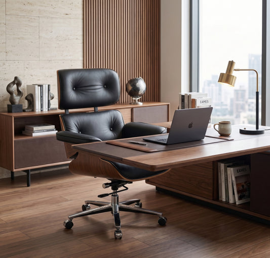 Executive Lounge Office Chair – Mid-Century Comfort in Walnut & Leather