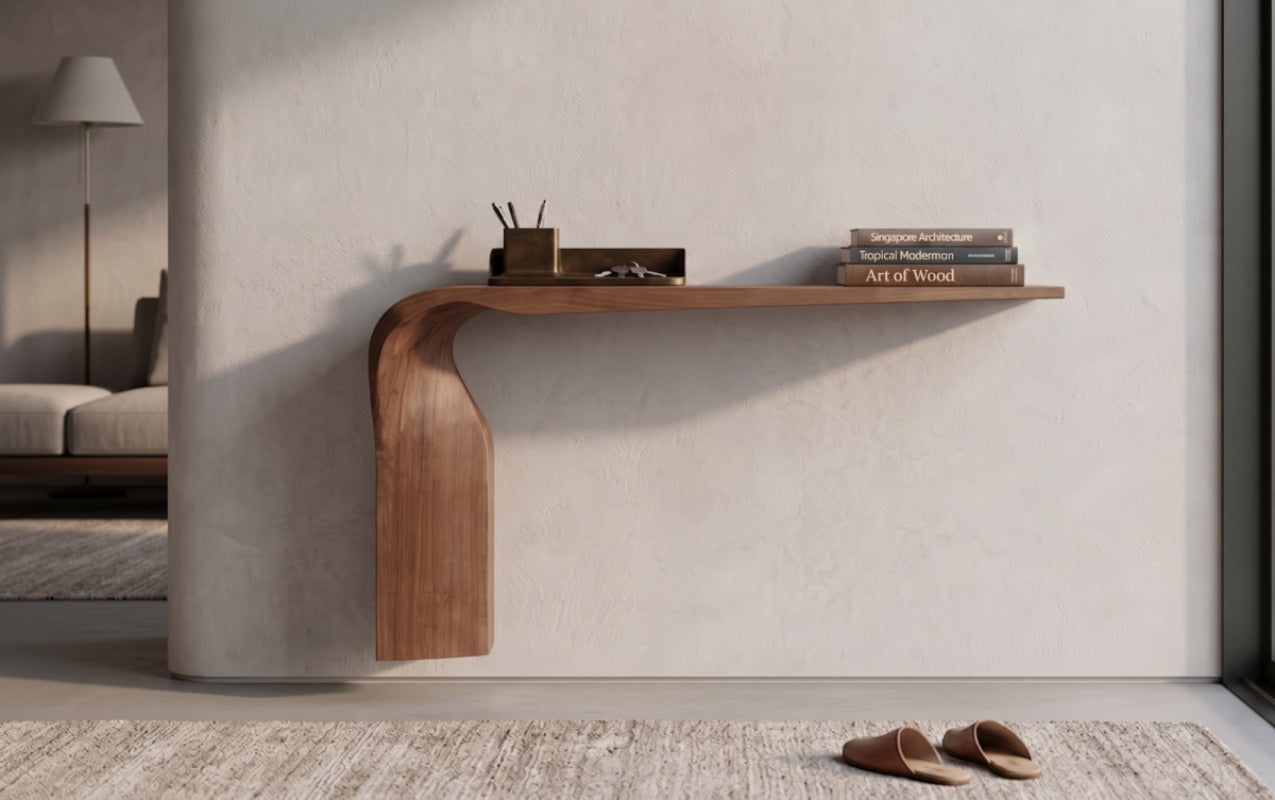 Modern Minimalist Sculptural Console Table - Solid Wood Wall-Mounted Entryway Shelf
