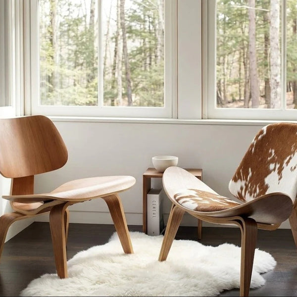 Fauteuil Nordic Shell et tabouret Eames Dog – Icônes sculpturales du milieu du XXe siècle