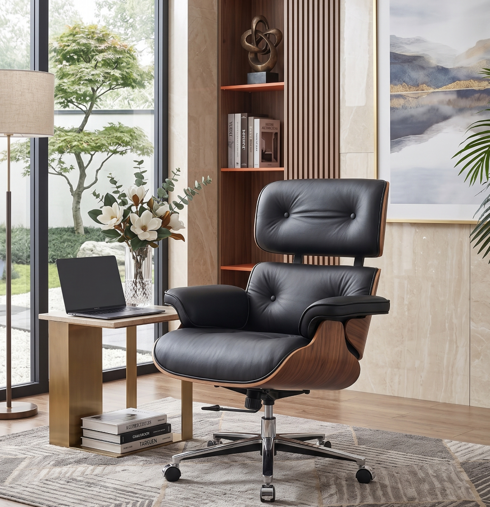 Executive Lounge Office Chair – Mid-Century Comfort in Walnut & Leather