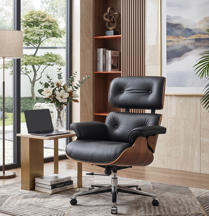 Executive Lounge Office Chair – Mid-Century Comfort in Walnut & Leather