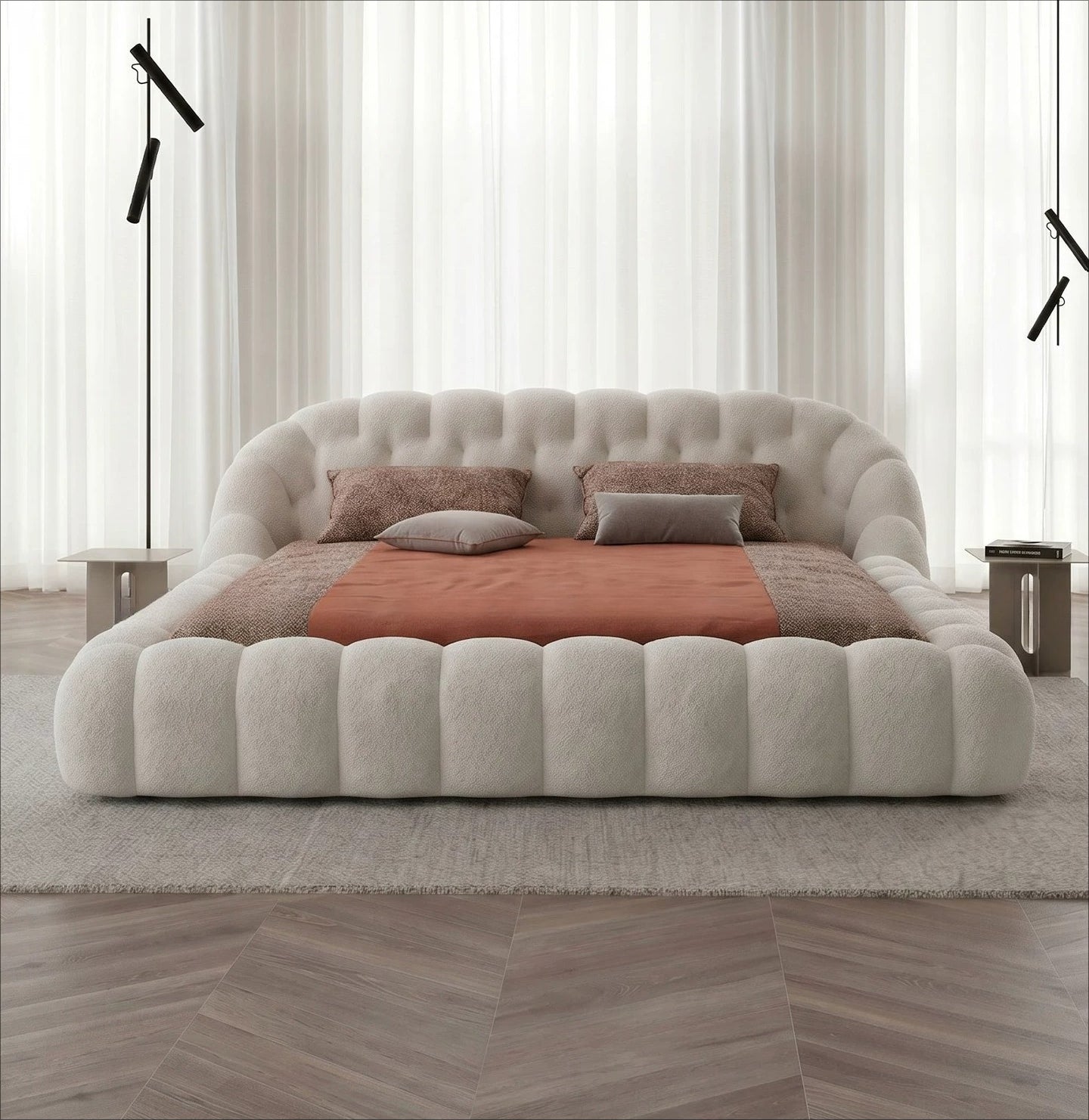 Roche Bobois-Style Football Bed — Premium Teddy Fabric for Wabi-Sabi Master Bedrooms
