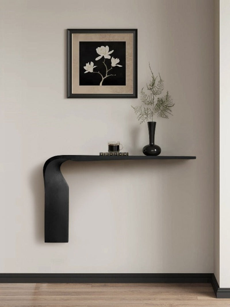 Modern Minimalist Sculptural Console Table - Solid Wood Wall-Mounted Entryway Shelf