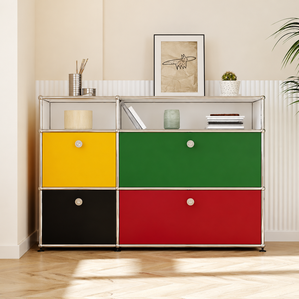 Sideboard im USM-Stil mit Colour-Blocking – Aufbewahrung im Bauhaus-Design