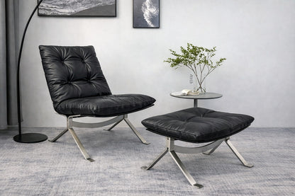 Sillón Omelette, réplica de sillón - Sillón Bauhaus de cuero italiano con respaldo ergonómico de 105° y patas de acero inoxidable