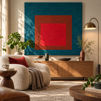 لوحة جدارية هندسية على القماش مستوحاة من أعمال يوزف ألبيرز ومدرسة باوهاوس – طباعة متراكبة بكتل لونية